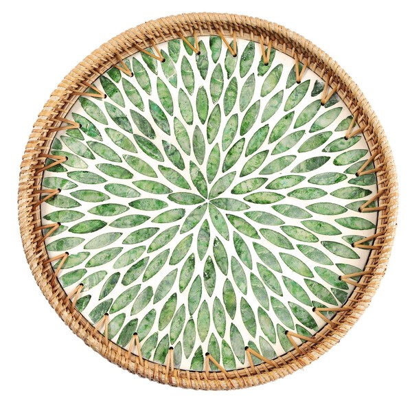 Round Rattan Tray with Mother of Pearl Inlay, Coffee Table