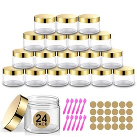 24 paquetes de tarros de plástico con tapas, recipientes de cosméticos de 4 onzas con tapa dorada, recipientes de viaje vacíos transparentes recargables para mantequilla corporal, exfoliantes de