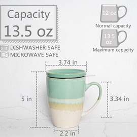 Bosmarlin Ceramic Tea Cup with Infuser and Lid, 13.5 Oz, 5 Colors to Choose, Dishwasher and Microwave Safe, Steeping Tea Mug with Strainer, Reactive Glaze (Green)