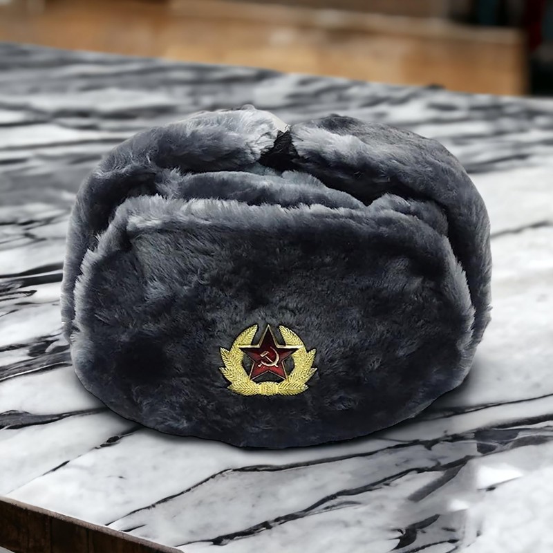 Gray Fur Winter Ushanka Hat with RED STAR Emblem (X-LARGE)