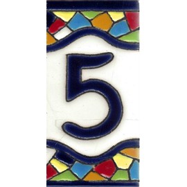 TORO DEL ORO House Numbers. Numbers and Letters on Tile. Glazed Ceramic, Hand Painted Dry Rope Technique. Names and Addresses. Mosaic Design Medium 5.5x10.5cm (Number Five "5")
