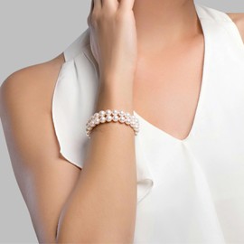 The Pearl Source Yellow Gold Plated 6.0-6.5mm AAAA Quality Round White Freshwater Cultured Pearl Double Strand Bracelet for Women
