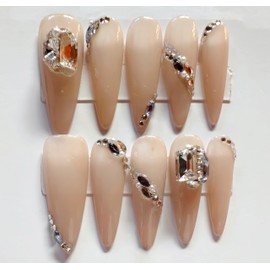 M·Q NAIL,Press on nails,Tips long nails,Hand drawn,Includes 48 jelly glue and 2 cuticle sticks and 2 rubbing strips (Naked inlaid glass diamond, M)