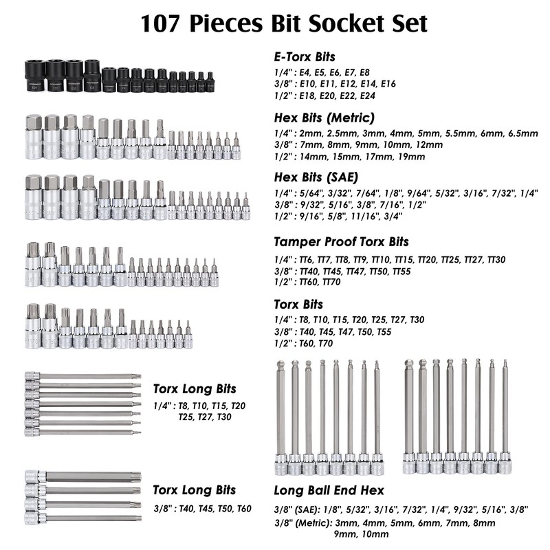 MIXPOWER 107-Piece Drive Bit Socket Set - 1/4", "3/8 &