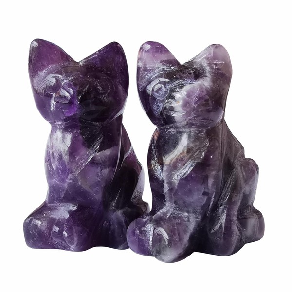 Manekieko 2 Pieces Natural Amethyst Happy Cat Crystals and Healing