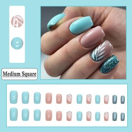 BAOYAALIN Press on Nails Medium Square Fake Nails with Exquisite Leaves Design Glitter Artificial Acrylic False Press ons Full Cover Stick on Nail for Women Girls Daily Wear Wedding Manicure 24Pcs