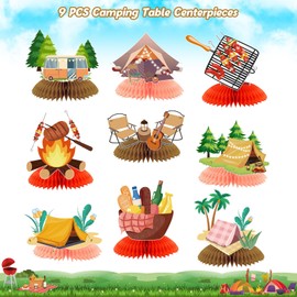 PRATYUS Camper Birthday Decorations, 9 Pcs Camping Party Honeycomb Centerpieces Table Decors for Kids Boys Girls Baby Shower Birthday Party Events