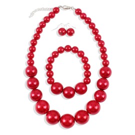 Long tiantian Pearl Choker Necklace Chunky Pearl Statement Necklace Bracelets Earrings for Women Trendy Red/White/Pink Mrs Roper Jewelry Set for Women Bridal Accessories