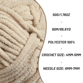 Plush Chenille Chunky Crochet Yarn - Baby Yarn for Crocheting Soft - Velvet Yarn Knitting for Blankets Crafts - Fluffy Amigurumi Yarn 50g / 65.6yd (Light Khaki)