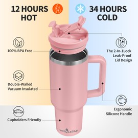 Labulabla 40oz Tumbler with Handle,Double Wall Vacuum Reusable Stainless Steel Insulated Water Bottle,With Leak Proof lid and Straw for Iced or Cold Beverages (light pink)