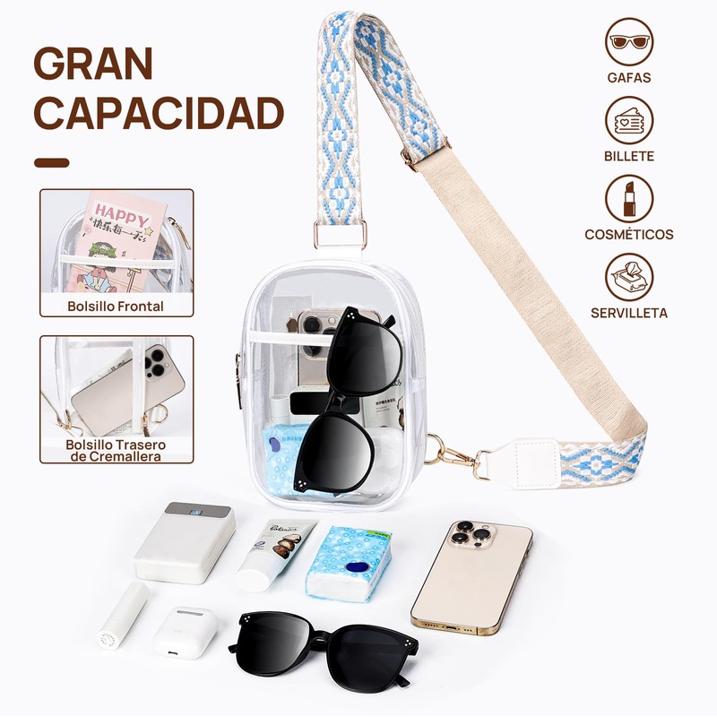 Bolsa Transparente 3 Bolsillos, Crossbody Mujer Transparente,Bolsa Transparente Para Mujer,