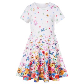 ALISISTER Butterflies Dress for Girls Size 8 Little Kids Short Sleeve Casual Flowers Floral Dress Birthday Clothes Summer Twirly Sundress 9 Years Old