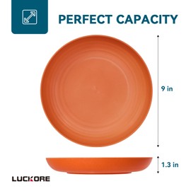Luckore 9 inch Deep Dinner Plates Set of 12 Wheat Straw Plates, Unbreakable Dinner Dishes Alternative for Plastic Microwave and Dishwasher Safe for Kitchen with 4 Colors Classic Bright