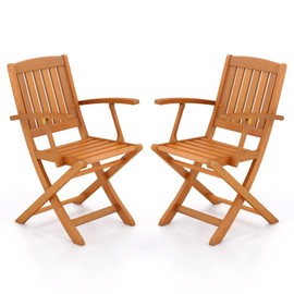 Tangkula Patio Wood Folding Chair Set of 2, Outdoor Eucalyptus Wood Dining Chairs w/Armrests & Slatted Seat, for Backyard, Porch, Poolside, Lawn, Garden, Load up to 400 LBS (1, Natural)