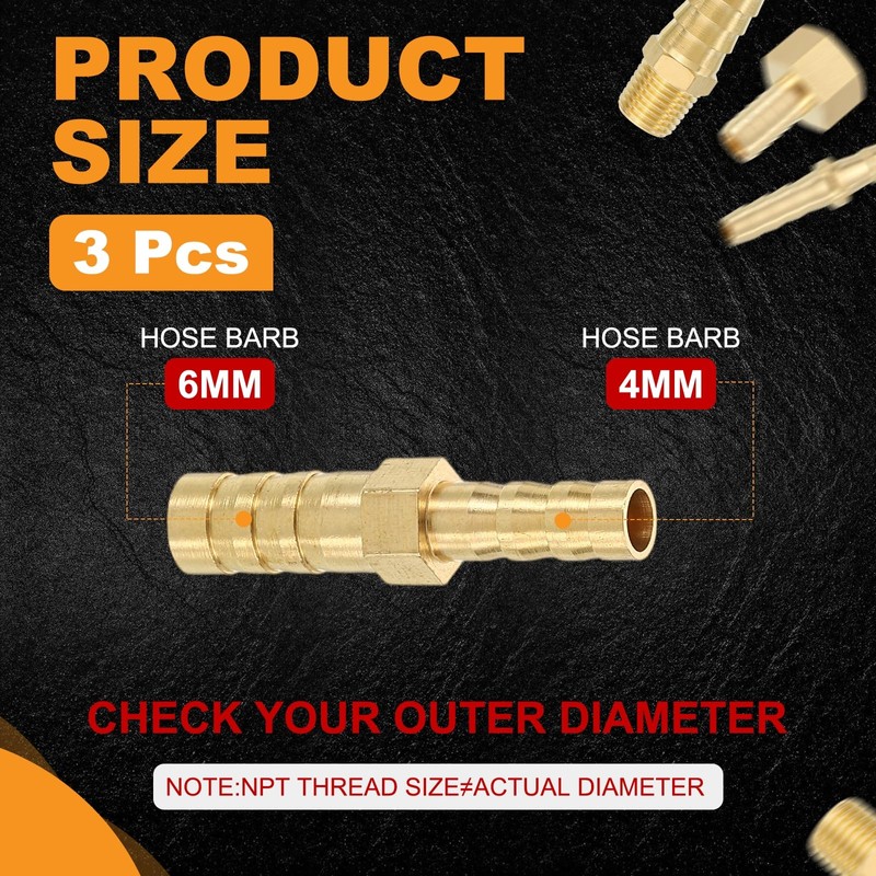 sourcing map 3pcs 6mm to 4mm Brass Hose Barb Fitting