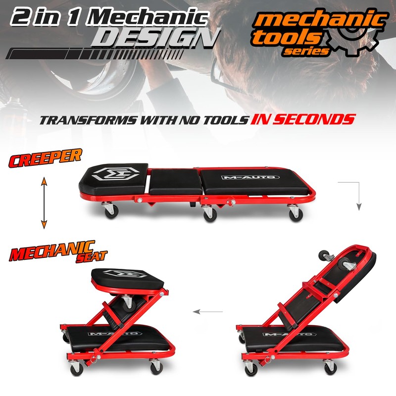M-AUTO 40-Inch Folding Creeper Rolling Seat, All-in-One Adjustable Roller Garage