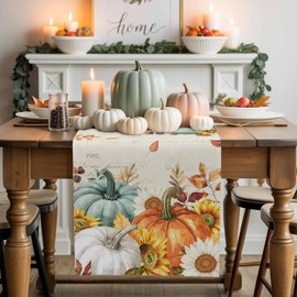 Fall Thanksgiving Table Runner Pumpkin Sunflower Leaf Table Decoration for Kitchen Dinning Green Maple Leaves Retro Table Decoration for Indoor Outdoor Holiday Party Wedding Decor 13x72 Inch