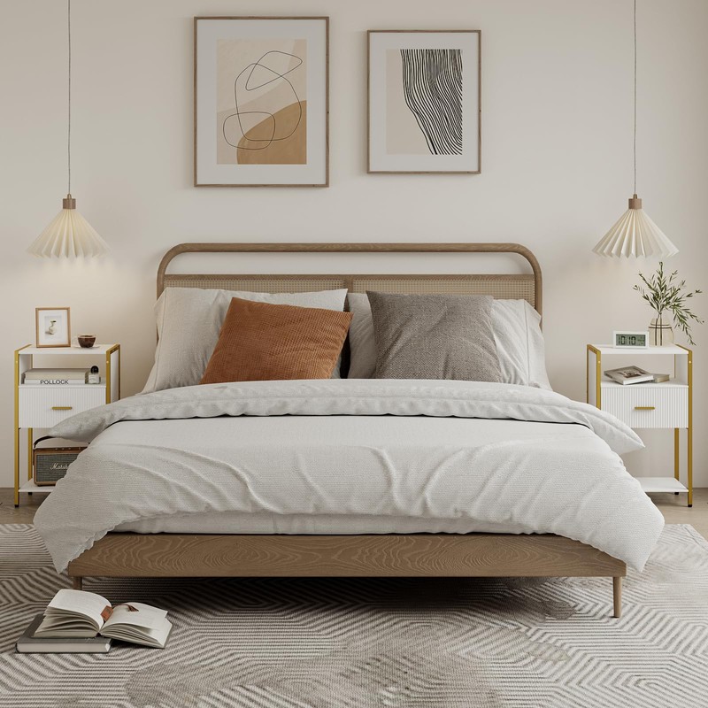 JOONEE Modern Nightstand, White and Gold Side Table with Drawer,