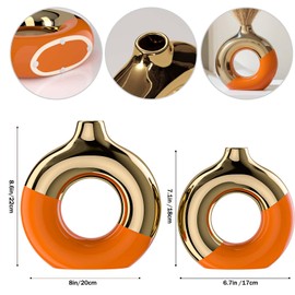 Orange and Gold Ceramic Vase Set of 2,Round Donut Hollow Flower Vases for Home Decor Accents,Modern Minimalist Centerpiece Table Decorations,Wedding,Living Room,Bookshelf,Office,Entryway