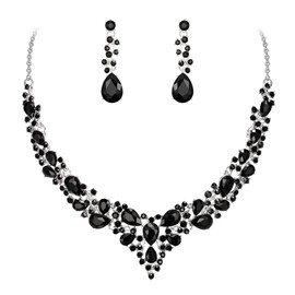 Ever Faith Wedding Bridal Crystal Teardrop Cluster Statement Necklace Dangle Earrings Jewellery Set for Women Black Silver-Tone