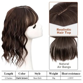 FDEETY Women's Wig, 12 Inch Short Hair, Waves and Curls, Clip-In Hairpiece, Fringe, Hairpiece Made of Synthetic Hair, Ideal for Everyday Use and Carnival, Short Haircut, Wig Women (Dark Brown)