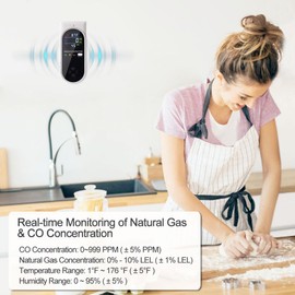 KH Alert Plug in Carbon Monoxide and Natural Gas Detector, Combination Gas & Carbon Monoxide Detectors for Travel with Temperature Humidity Display, 4 in 1 CO and Gas Detector for Home/Travel(1 Pack)