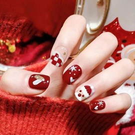 24pcs Christmas Red Nails, Short False Nails Red Checkered Press on Nails White Snowflake Santa Clause Fake Nails Glitter Gold Heart Stick on Nails Removable Glue-on Nail Tips Women Nail Accessories