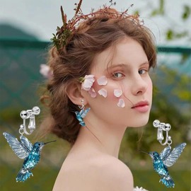 Colorful Hummingbird Earrings, Clip on Earrings for Women Non Pierced, 2D Novelty Bird Earrings, Women Animals Dangle Drop Earrings, Hummingbird Mother Day Birthday, for Christmas Mother Day Birthday