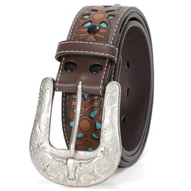 XZQTIVE Women Men Genuine Leather Belt Vintage Ladies Western Belt Engraved Tooled Leather Belt Cowboy Cowgirl Country Belt, A-turquoise(emerald Stone), Medium: fits waist from 33"-36"