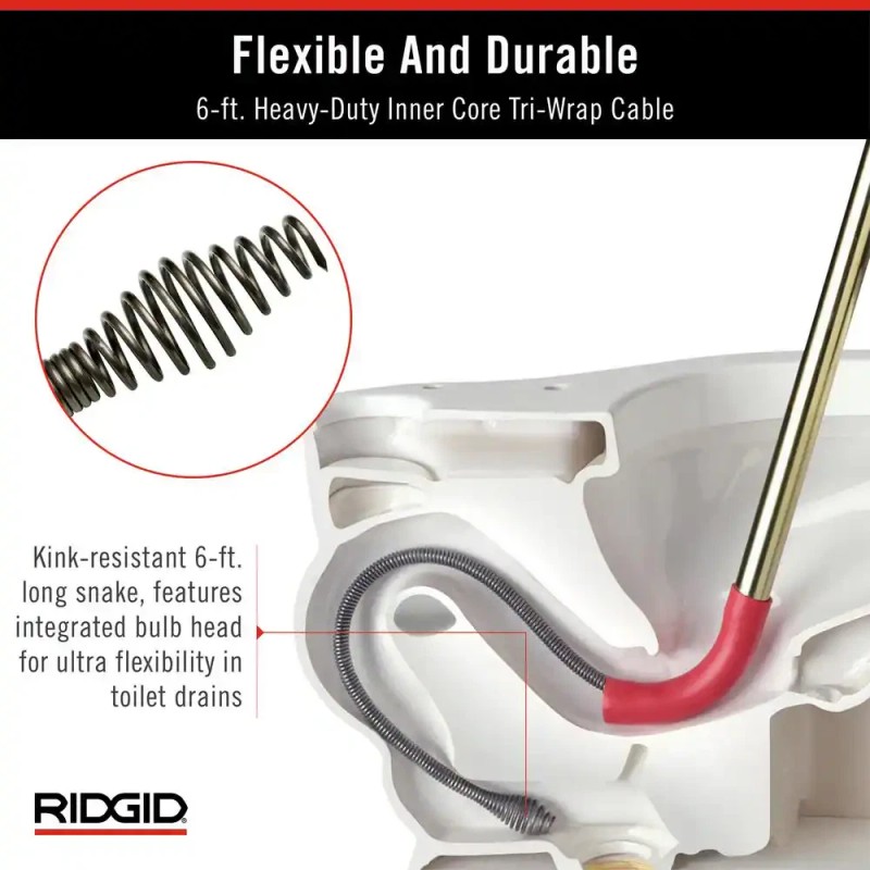 RIDGID K-6P Hybrid Toilet Snake Auger Cable Extends 6' Integrated