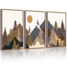 KUVIOKE Morden Boho Mountains Framed Wall Art Pine Tree Forest Nature Landscape Artwork Painting Bohemain Farmhouse Rustic Home Decor 11x14in (Natural Framed)