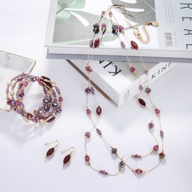 Coiris Earring and Necklace Set for Women 2 Layer Beaded Long Collar Statement Strand Necklace Fashion Trendy Dangle Earrings Boho Jewelry Sets for Women (ST0011-Purple)