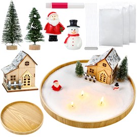 Weysat Village Christmas Candle Set White Candle Sand Round Wooden Tray House Snowman Santa Claus Trees for Table Top Centerpiece Decor