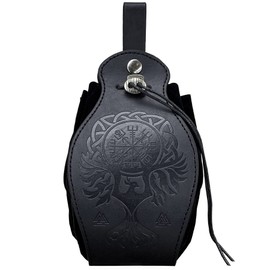 Medieval Viking Belt Pouch Black Faux Leather Belt Bag Retro Portable Drawstring Purse Renaissance Dice Bag for LARP Ren Faire
