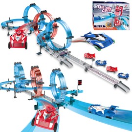 Electric Race Track Set with 4 Super Pull-Back Racing Cars, 360°Loops, Turns and Crossover High-Speed Racing Game Circular Overpass Track Gifts Birthday Toys for Boys Kids Age 6 7 8-12