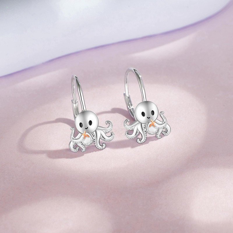 Octopus Earrings Sterling Silver Octopus Leverback Earrings Octopus Jewelry for