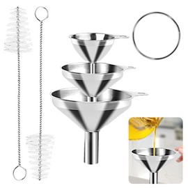 MXTIMWAN 3 Piece Stainless Steel Funnel Set, Stainless Steel Stackable Small Funnel with 2 Cleaning Brushes & Handle, Hip Flask Mini Funnel for Transferring Liquids, Cooking Oils and Powders