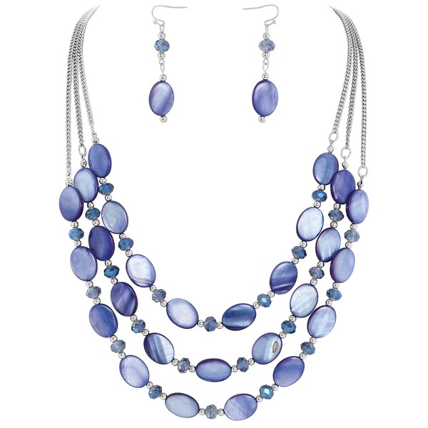 Firstmeet 3-Layer Mother of Pearl Beads Necklace with Earrings Shell