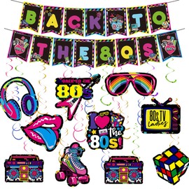 Pecration Disco 80s Party Decorations - Retro Hanging Swirls Decor and Back To The 80s Banner Hippie Rock Music Themed Decorations for 1980s Birthday Party Supplies