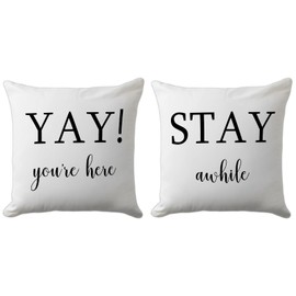 PreLiving Farmhouse Pillow Covers 18x18, Set of 2 - 'Stay Awhile' & 'Yay You're Here' Quotes, Rustic Decorative Throw Pillow Cases, Perfect for Couch, Porch, Guest Room(White)