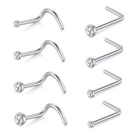 AceFun Nose Studs,8 pieces 20G Nose Rings Studs Nose Stud L Shaped Stainless Steel Diamond Small Nose Stud for Women Men Corkscrew Nose Rings Nose Piercing Studs Screw Clear CZ Silver