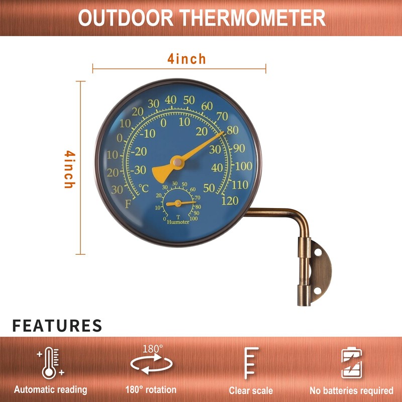 4 Inch Brass Outdoor Thermometer - Analog Temperature Gauge for