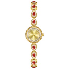 ADSBIAOYE Watches for Women Luxury Ladies Colorful Crystal Bracelet Chain Watches Diamond Dial Waterproof Fashion Dress Quartz Watch (Gold-Red)