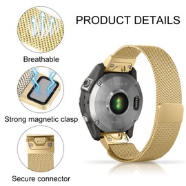 Niboow QuickFit 22mm Strap for Garmin Fenix 8 47mm/Fenix E 47mm/Fenix 7 Pro Solar/Fenix 7/Epix 2 Pro 47mm, Men Women Metal Watch Bands for Garmin Fenix 6 GPS/Fenix 6 Pro GPS/Fenix 5 Plus - Gold