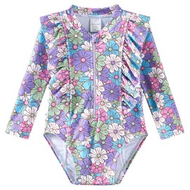 LIBREDGE Toddler Girls' Swim Rashguard 4t Bathing Suit Girls Long Sleeve Swimsuit Rash Guard Kids A Colorful World 4T