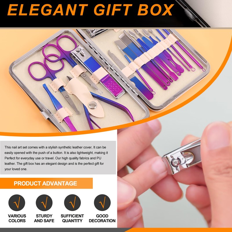 Rustark 18Pcs Rainbow Manicure Pedicure Kit Professional Stainless Steel Nail
