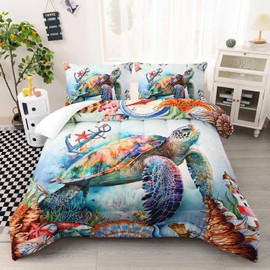 AILONEN Kawaii Sea Turtle Comforter Set Queen Size, Marine Life Bedding Set for Teens Boys and Girls,Nautical Coastal Comforter Sea Turtle Duvet Set for All Season,3Pcs(1 Quilt Set+ 2 Pillowcases)