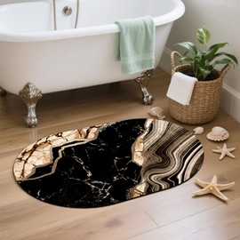 YNXTYB Oval Bath Mat Abstract Black Gold Marble Diatomaceous Mud Mats with Rubber Backing Ultra Soft Washable 23.6"×15.7" Quick Dry Thin Bath Rugs for Bathroom Floor Bathtub Vanity Easy Care