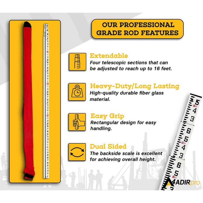 AdirPro 16-Foot Fiberglass Grade Rod – 8ths, 4-Section Telescoping Rectangular