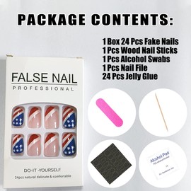 Independence Day Press on Nails Short French Tip Red Blue Stripes Fake Nails with Glue American Flag Full Cover False Nails with Design for Women Girls Patriotic Nail Design July 4th Nail Decorations